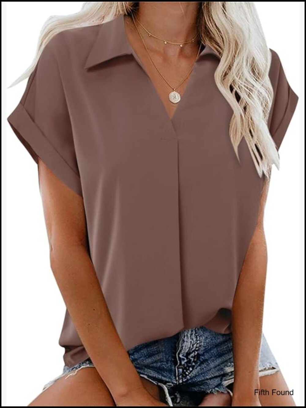 V Neck Short Sleeve Lapel Blouse Tunic Top Work Shirt